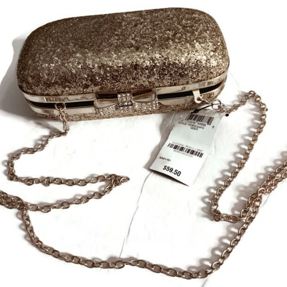 WOMEN'S INC GOLD SPARKLE EVENING Bag 42" GOLD CHAIN MSRP $59 SLIGHTLY IRREGULAR
